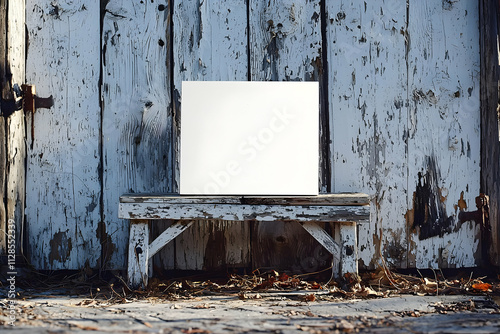 Blank Canvas on Rustic Bench, Outdoors photo