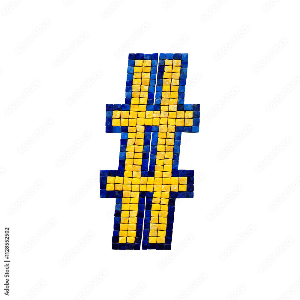 Obraz premium A mosaic number sign # made up of small square tiles in yellow and blue colors.