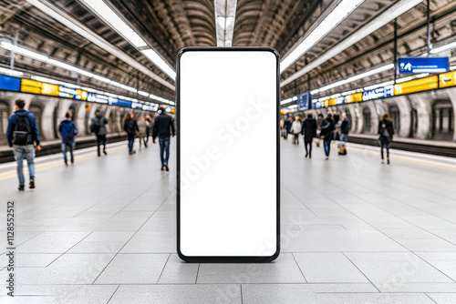 Mobile phone in an urban subway station with blurred commuters in the background. photo