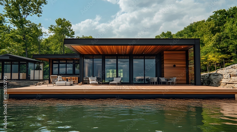 Fototapeta premium Modern cabin on the water, floating dock with sun deck and seating area, wood slat wall facade