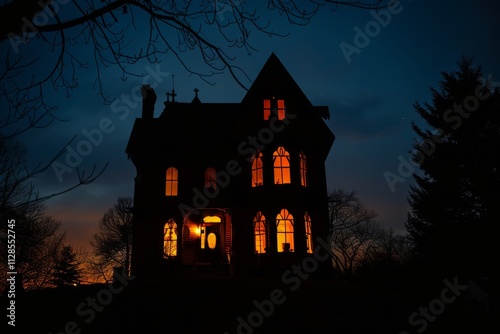 Haunted House Silhouette with Glowing Windows at Night photo