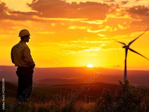 Engineer observing wind turbines at sunset in a scenic landscape.