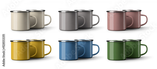 Photography Mockup of colored enamel mugs with chrome rim, metal cups, isolated on background