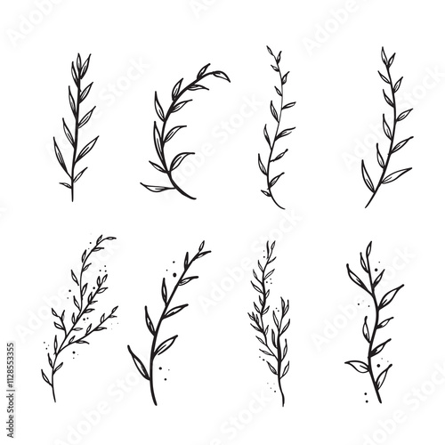 A selection of 8 individual leaf branch sprigs in black and white sketch style. Vector.