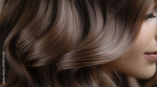  Extreme close-up of silky, shiny brown hair in soft waves reflects healthy, luxurious hair care and attention to texture and beauty.