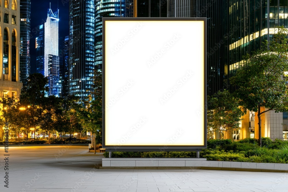 Blank advertising billboard in a bustling city at night with skyscrapers and greenery. Blank advertising billboard in a bustling city at night with skyscrapers and greenery.