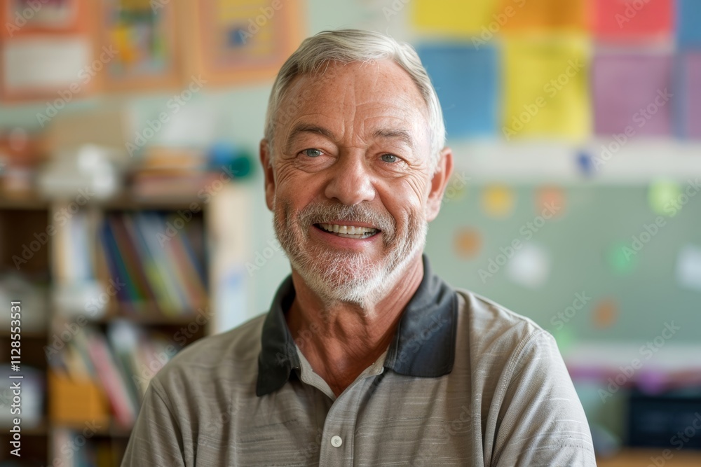 Portrait of a joyful caucasian man in his 50s wearing a breathable golf polo isolated on lively classroom background Portrait of a joyful caucasian man in his 50s wearing a breathable golf polo isolated on lively classroom background