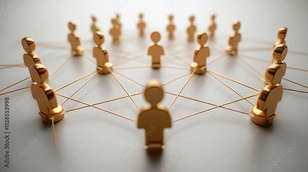 © Lamina - Circular network of icons showing human-shaped figures connected by glowing lines in circular pattern, symbolizing collaboration and teamwork on clean white background. © Lamina - Circular network of icons showing human-shaped figures connected by glowing lines in circular pattern, symbolizing collaboration and teamwork on clean white background.