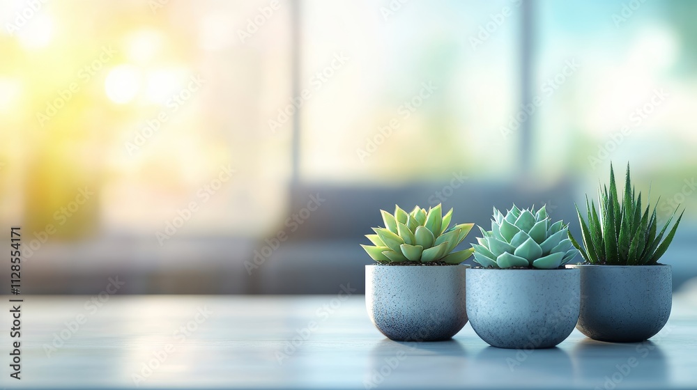 Three Small Succulents in Modern Pots on a Table with a Blurred Living Room Background Three Small Succulents in Modern Pots on a Table with a Blurred Living Room Background