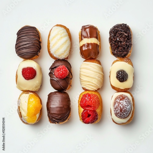 A flat lay of cromboloni with different fillings (chocolate, cream, and fruit), arranged in a row photo