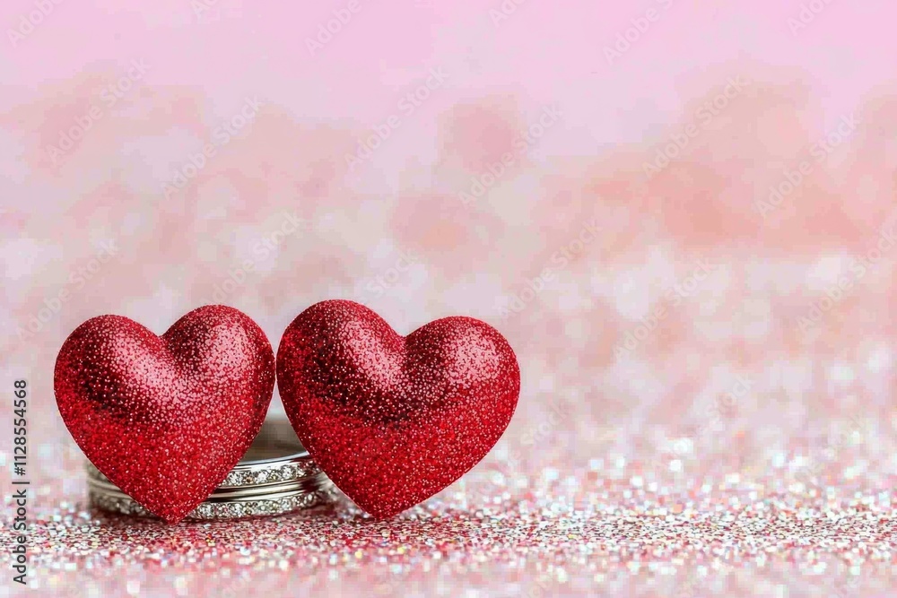 Obraz premium Two sparkling red hearts resting on silver wedding rings, symbolizing love and commitment.