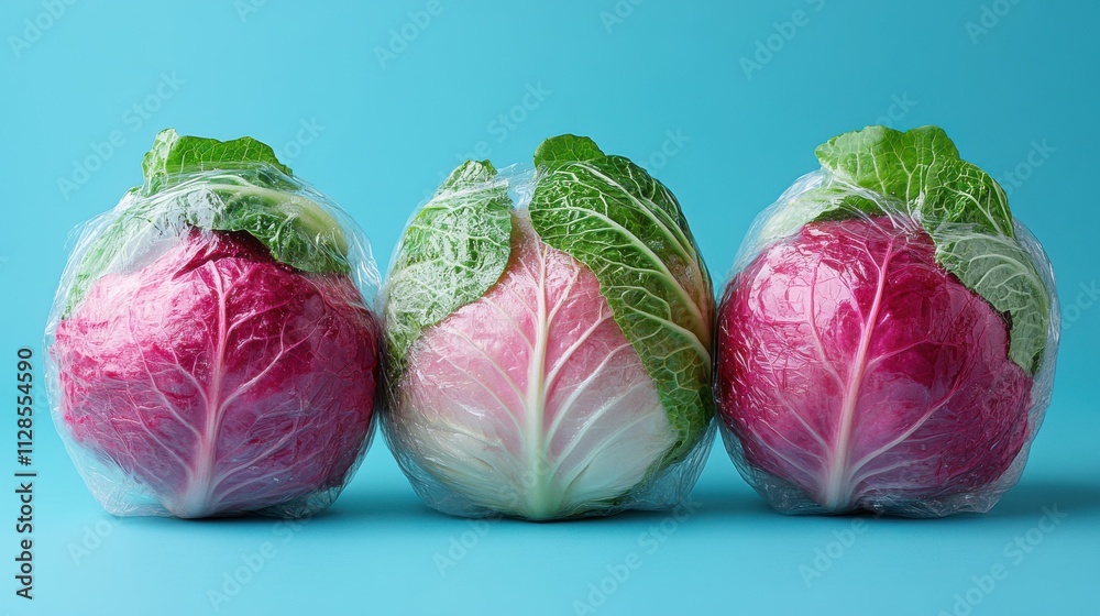 Obraz premium there are not many vegetables from the supermarket in plastic packaging chinese cabbage with a blue backdrop wrapped in cellophane and non biodegradable plastic product packagin