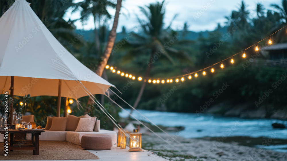 Obraz premium luxury glamping setup by pristine stream, featuring cozy seating and warm lights, creating serene atmosphere. Perfect for relaxation and nature lovers