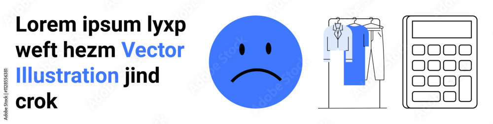 Fototapeta premium Apparel hanging, sad face emoticon, and a calculator represent financial challenges in fashion. Ideal for e-commerce, budgeting, financial planning, stress management, clothing industry, economic