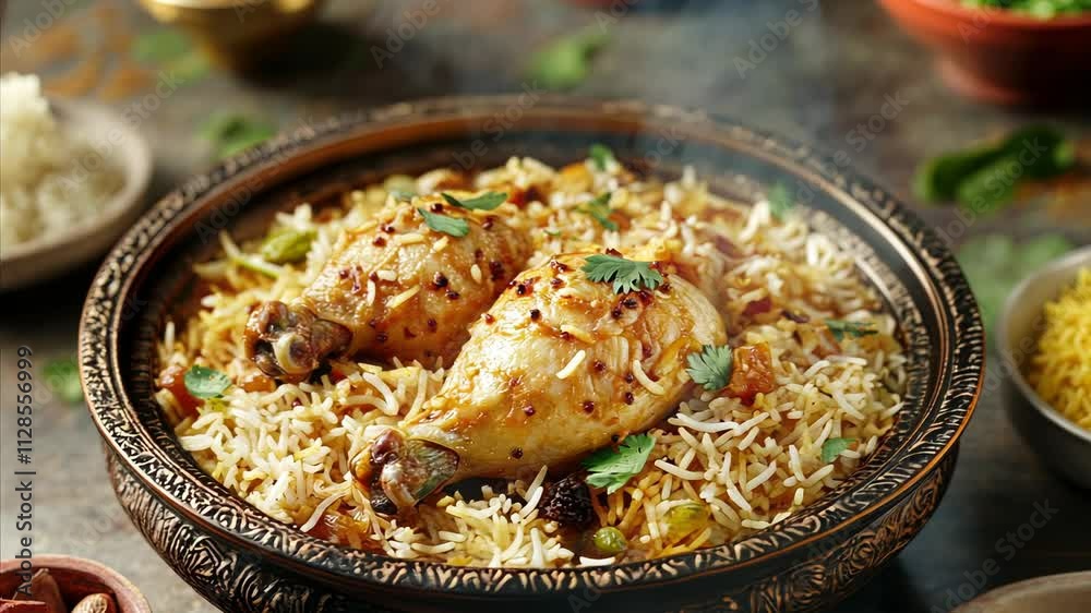 Bowl of rice and chicken with a lot of spices. The bowl is on a table. The rice is white and the chicken is brown