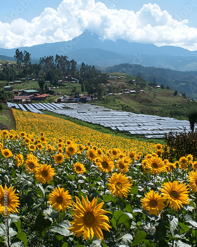 Sunflowers Bloom Near Solar Panels in Mountain Village