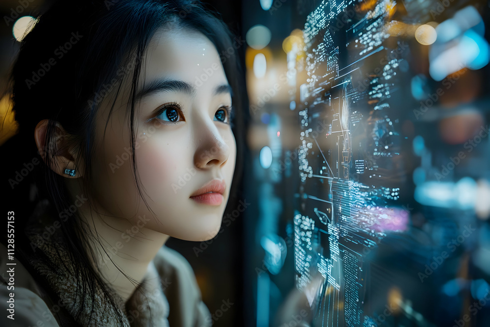 Woman Observes Futuristic Data Streams Intensely at Night Woman Observes Futuristic Data Streams Intensely at Night