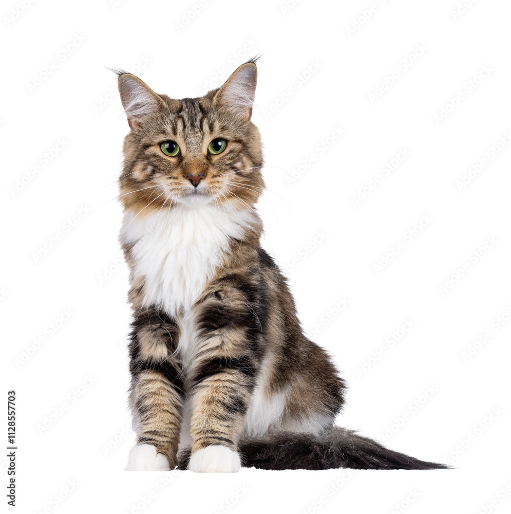 Obraz premium Sweet black tabby blotched Norwegian Forestcat kitten, sitting up facing front. Looking towards camera with mesmerising green eyes. Isolated cutout on a transparent background.