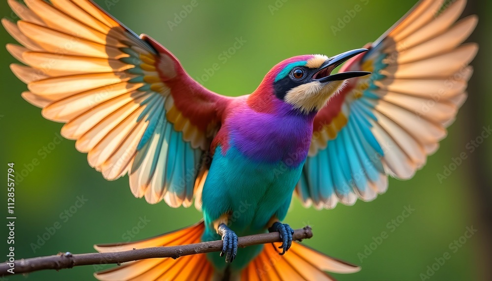 Fototapeta premium A vibrant multicolored bird perched with wings spread wide against a blurred green background, showcasing its vivid plumage in natural light.