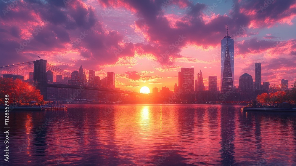 Naklejka premium Vibrant sunset over NYC skyline, reflecting on calm water with bridge and autumnal trees.