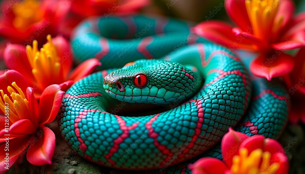 A vibrant green and red snake nestled among vivid red and yellow flowers, showcasing nature's striking colors and intricate patterns. A vibrant green and red snake nestled among vivid red and yellow flowers, showcasing nature's striking colors and intricate patterns.