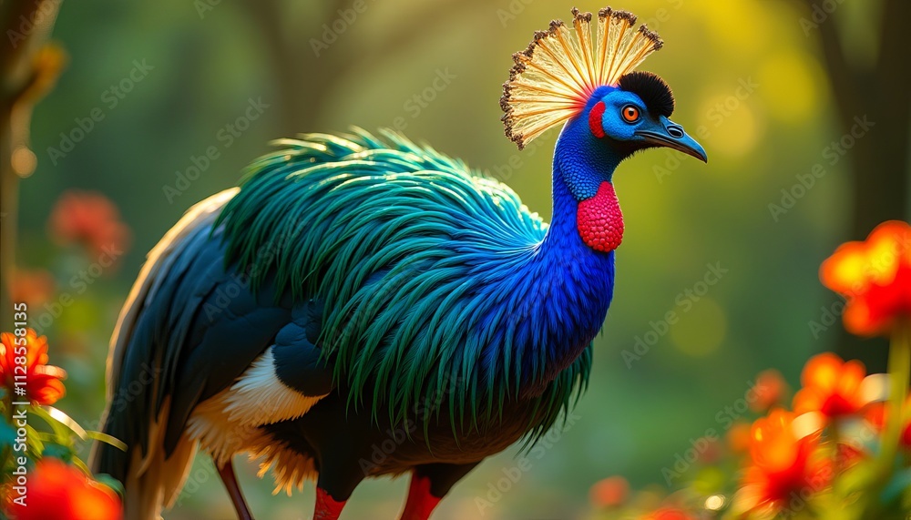 Vibrant crested bird amidst blooming flowers in a sunlit garden setting, showcasing vivid blue, green, and red plumage in a serene environment. Vibrant crested bird amidst blooming flowers in a sunlit garden setting, showcasing vivid blue, green, and red plumage in a serene environment.