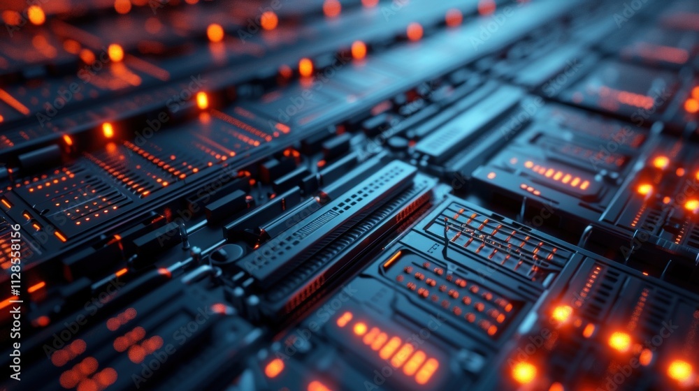 A panel of servers and sensors connected to a central control unit symbolizing the vast amounts of data processed through machine learning for anomaly detection.