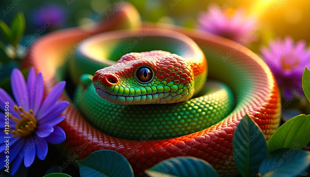 Fototapeta premium Vibrant green and red snake curled among purple flowers, basking in the warm golden sunlight, showcasing its mesmerizing scales and keen gaze.