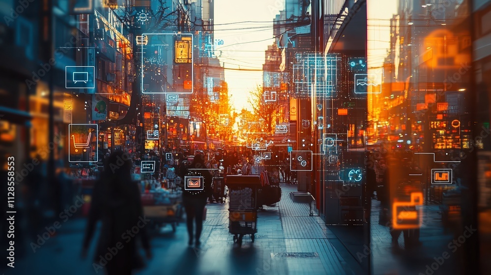 Double exposure combining soft-focus web symbols, like social media icons and shopping carts, layered against busy street market bathed in warm evening light. Double exposure combining soft-focus web symbols, like social media icons and shopping carts, layered against busy street market bathed in warm evening light.
