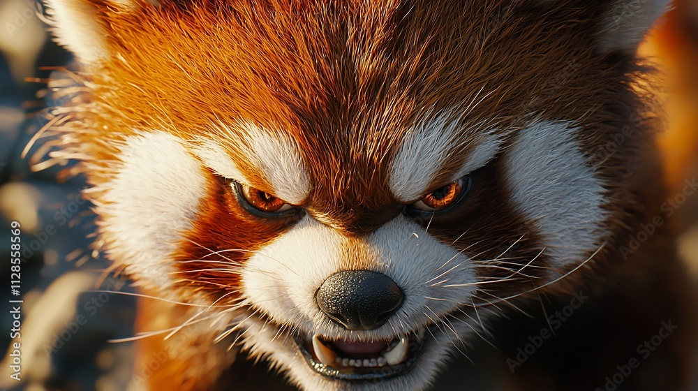 Close-up of an angry red panda with intense eyes and bared teeth. Close-up of an angry red panda with intense eyes and bared teeth.