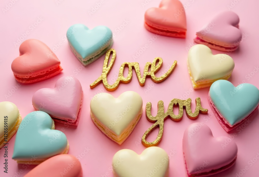 Colorful heart-shaped cookies on pink background, close-up Colorful heart-shaped cookies on pink background, close-up