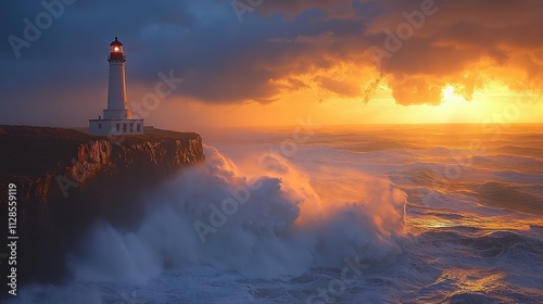 Lone lighthouse stands on rocky cliff overlooking turbulent sea, waves crashing below as storm clouds gather in distance, with faint streaks of sunlight breaking through.
