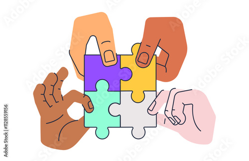 People of different nationalities hold puzzles. Partnership, Diversity, Inclusivity - vector illustration