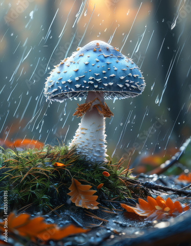 blue and white mushroom, spiky mounds, puffy shine, magical forest, rainy day, rain drops and water splashes, fantasy world, otherworldly experience, cinematic photo