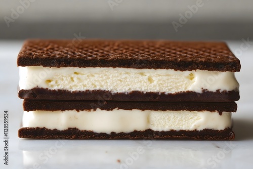 A close-up of two ice cream sandwiches with creamy vanilla ice cream between two rectangular chocolate wafers