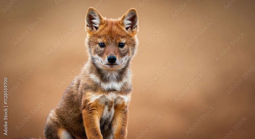 Curious young dhole pup in natural habitat for wildlife conservation and education Curious young dhole pup in natural habitat for wildlife conservation and education