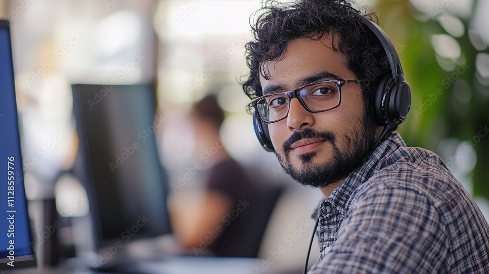 Young man wearing headphones working diligently at a computer in a lively office environment Young man wearing headphones working diligently at a computer in a lively office environment