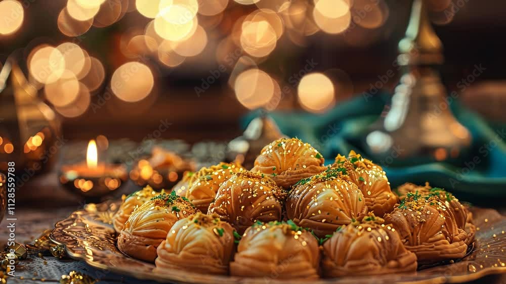 Tray of pastries with a green garnish on top. The pastries are arranged in a way that they look like they are on a table Tray of pastries with a green garnish on top. The pastries are arranged in a way that they look like they are on a table