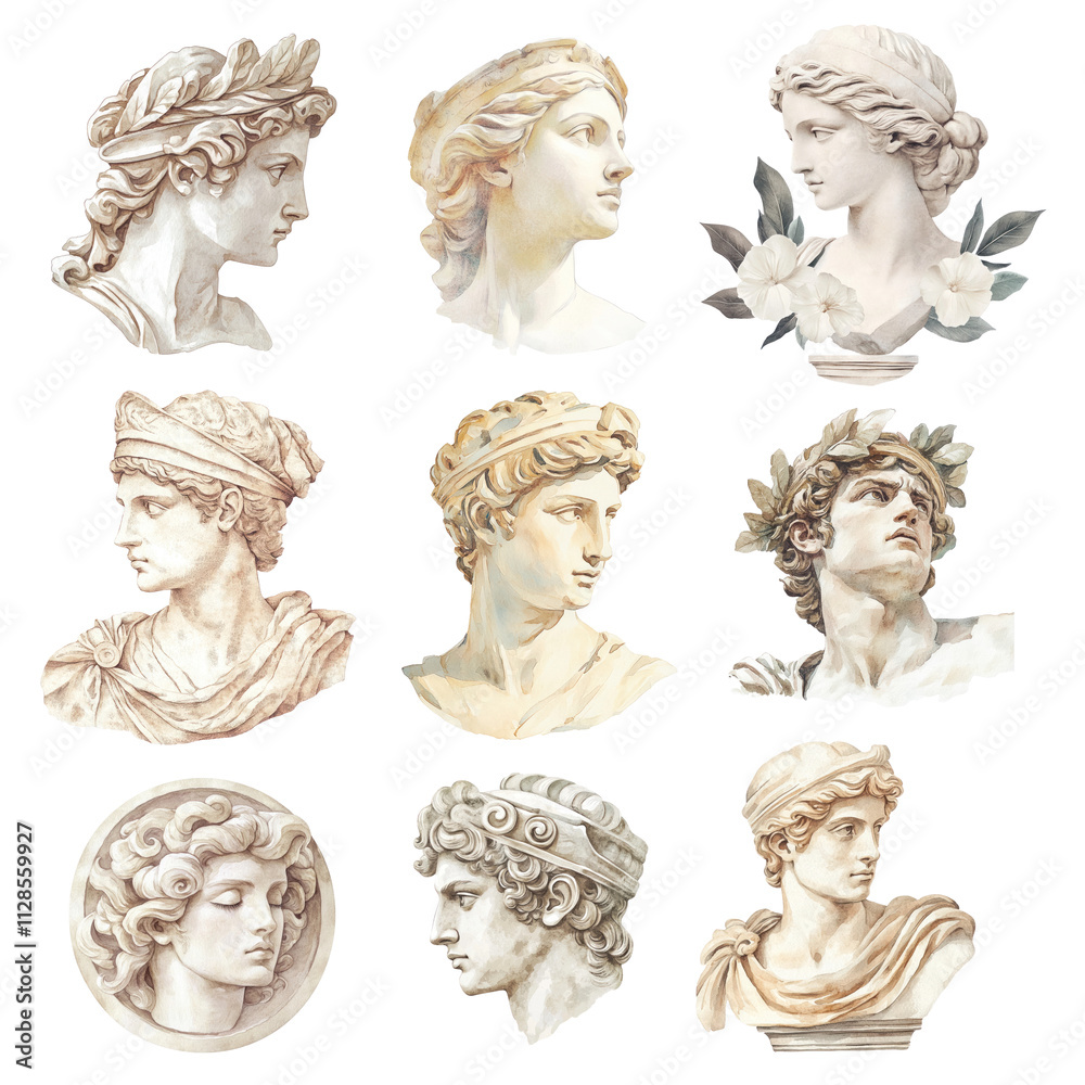 Obraz premium PNG watercolor ancient statue design element set, transparent background