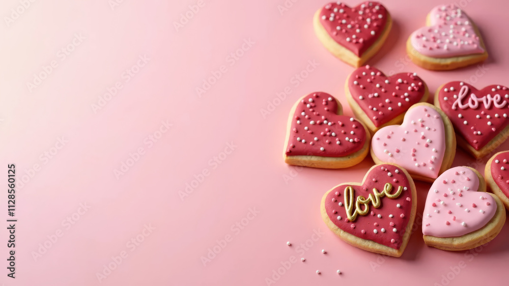 Heart shaped cookies on pink background with space for text. Valentine's Day celebration. Heart shaped cookies on pink background with space for text. Valentine's Day celebration.