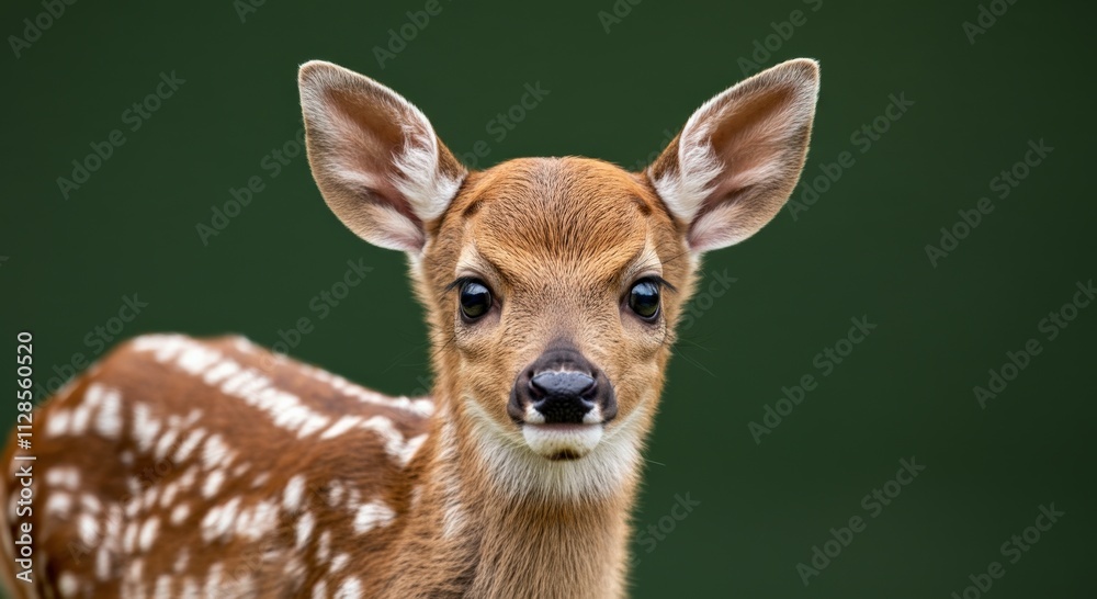 Adorable fawn with spotted coat in vibrant green setting perfect for wildlife and nature themes