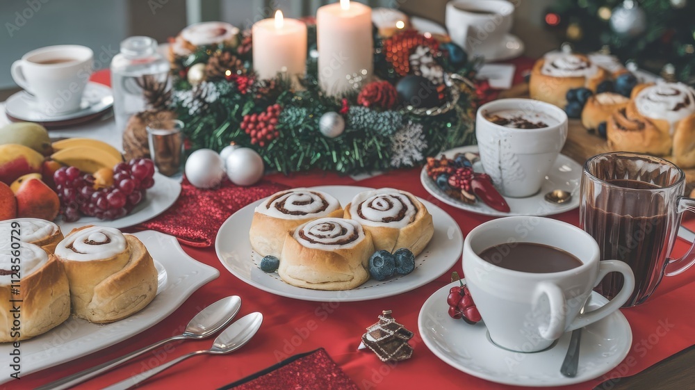 Festive Holiday Brunch with Cinnamon Rolls and Coffee. Enjoy a cozy holiday brunch featuring warm cinnamon rolls, fresh fruits, and coffee, all beautifully presented for festive gatherings. Festive Holiday Brunch with Cinnamon Rolls and Coffee. Enjoy a cozy holiday brunch featuring warm cinnamon rolls, fresh fruits, and coffee, all beautifully presented for festive gatherings.
