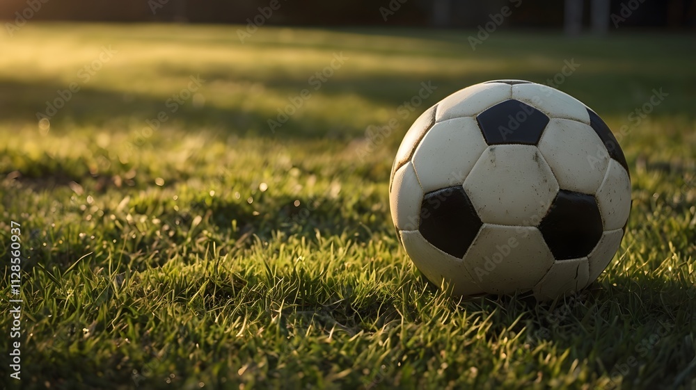 Obraz premium Side portrait of classic football on grass bathed in warm sunlight,Copy space