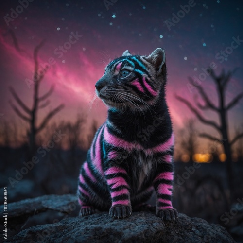 A vibrant pink-and-black-striped miniature animal with innocent blue eyes perched on a hand, against a blurred aurora-lit night sky.