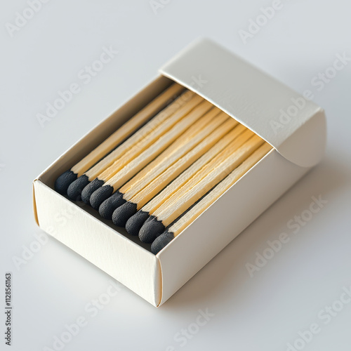 single matchbox opened at angle, revealing rows of wooden matches with black tips. minimalist design highlights simplicity and functionality of this everyday item