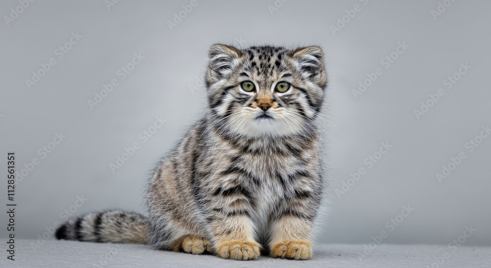 Obraz premium Pallas's cat kitten portrait on grey background for wildlife conservation awareness