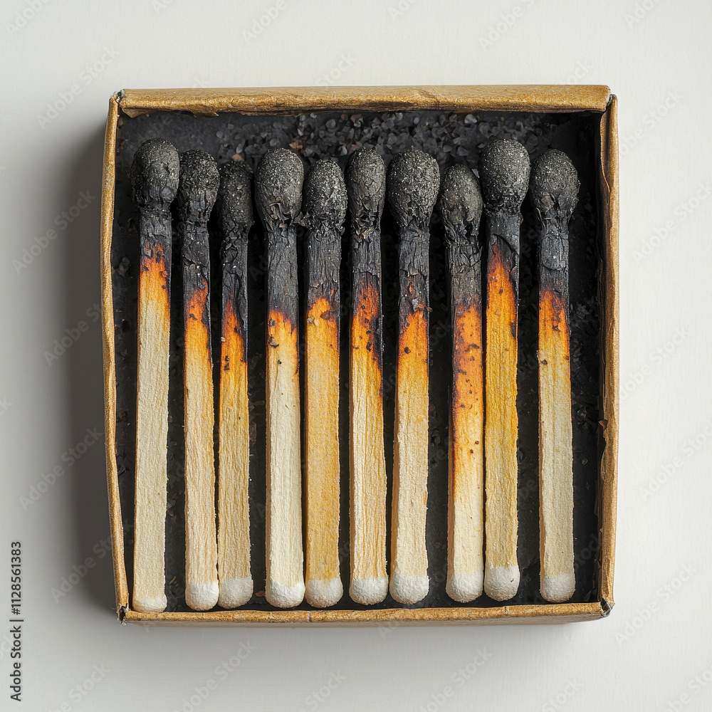 Burnt out matches resting in matchbox, showcasing charred tips and unburnt wood. striking contrast of colors evokes sense of loss and nostalgia Burnt out matches resting in matchbox, showcasing charred tips and unburnt wood. striking contrast of colors evokes sense of loss and nostalgia