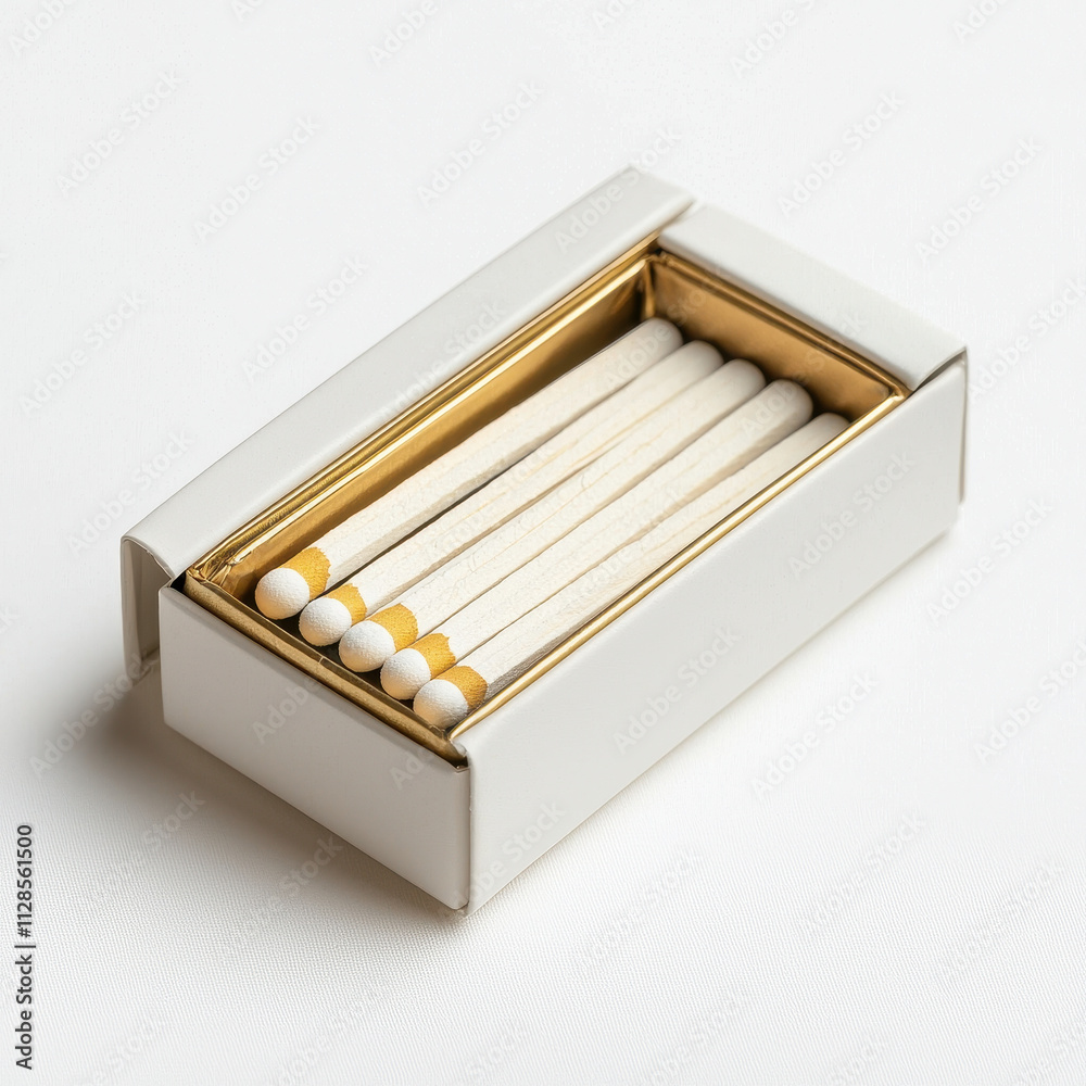 Elegant matchbox with gold accents, featuring white matches inside, perfect for modern decor or as stylish accessory for lighting candles Elegant matchbox with gold accents, featuring white matches inside, perfect for modern decor or as stylish accessory for lighting candles