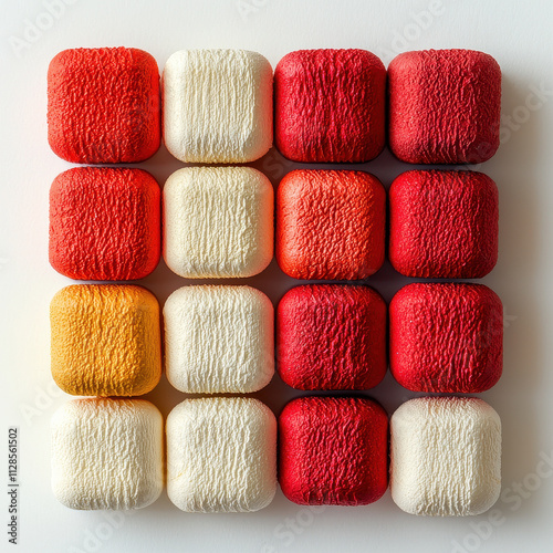 Creative arrangement of textured matchboxes in red and white colors, forming visually striking pattern. contrast of colors adds depth and interest to composition