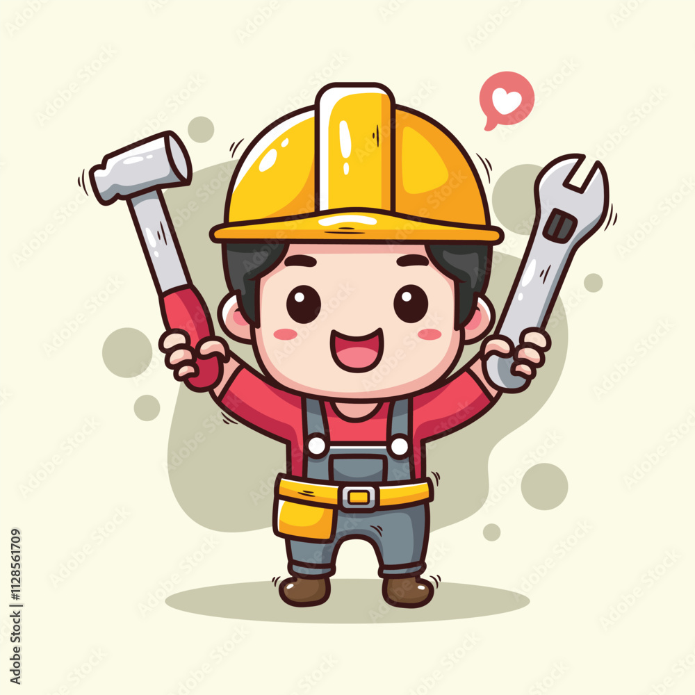 Cute builder boy with wrench and hammer. Cute cartoon character. Vector illustration.
